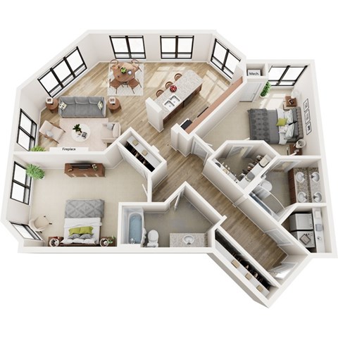 Floor plan for 2 beds, 2 baths, 1347 sqft